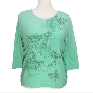 Rebecca Malone Sea Green Butterfly Rhinestone Top Women’s XL 3/4 Sleeve Stretch